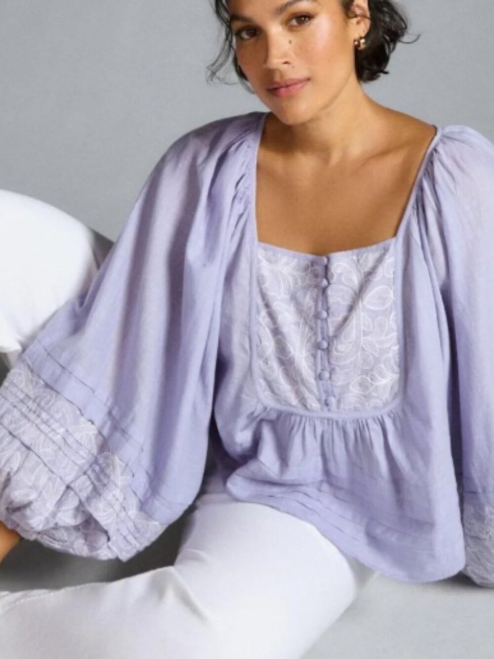 Calligraphie Anthropologie lavendar puff sleeve embroidered peasant blouse large